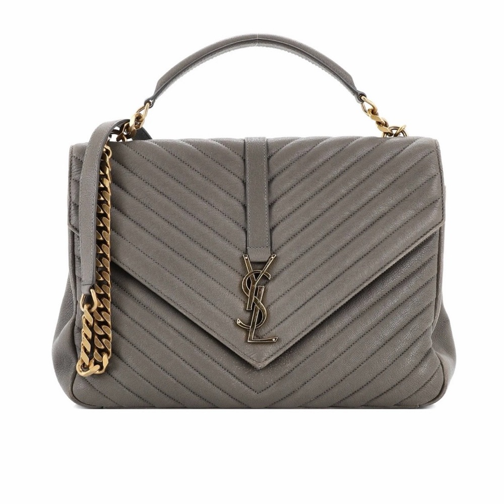 Saint Laurent Quilted Grey Leather Top-Handle Satchel with Gold Hardware